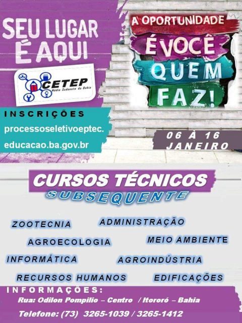 Itororó: Inscrições abertas para os cursos técnicos do CETEP