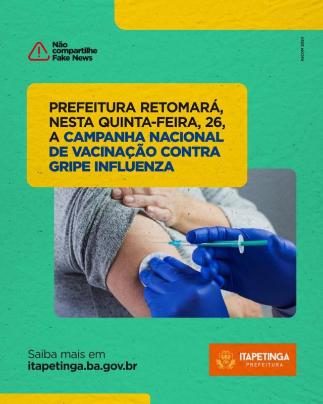 A prefeitura de Itapetinga retomará, nesta quinta-feira, 26, a campanha nacional de vacinação contra gripe influenza