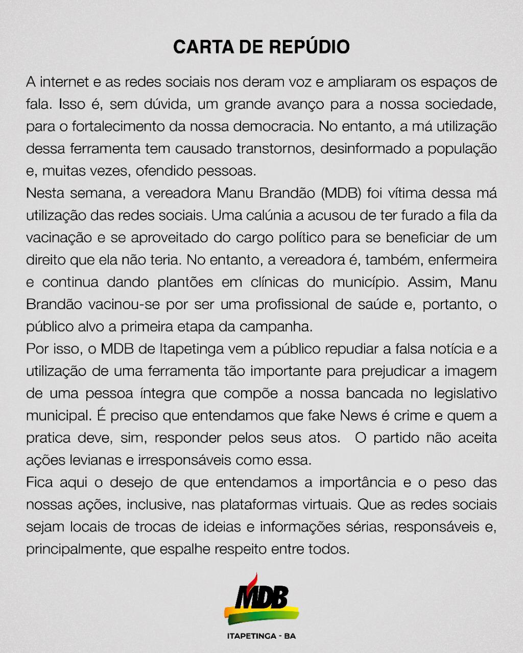 Itapetinga: MDB Emite Nota de Repúdio Por Notícia Falsa Envolvendo o Nome da Vereadora Manu Brandão