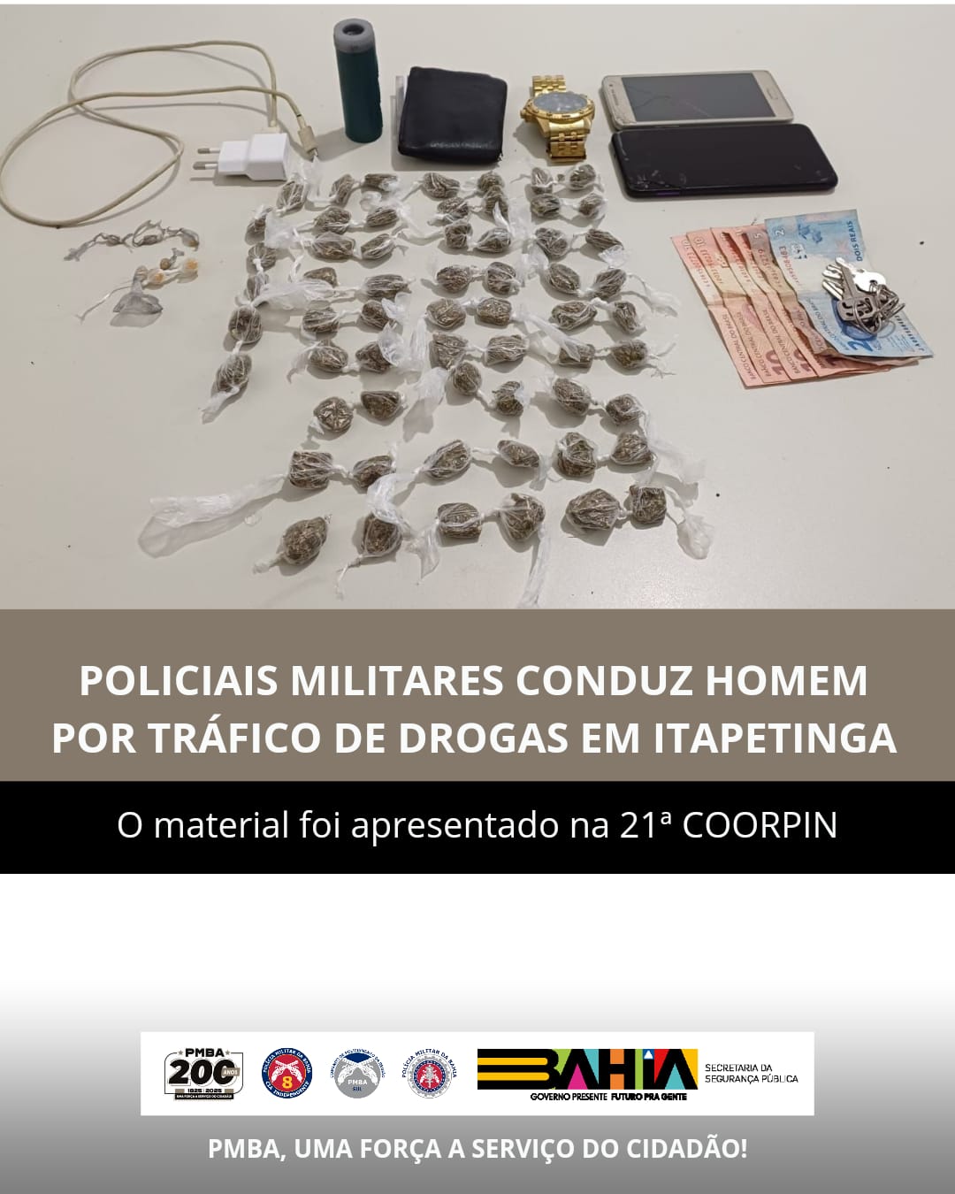 Guarnição da 8ªCIPM conduz homem por tráfico de drogas em Itapetinga
