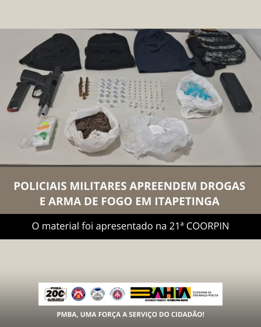 Itapetinga: Guarnição da 8ª CIPM Apreende Pistola 9mm, Munições e Drogas em Residencial