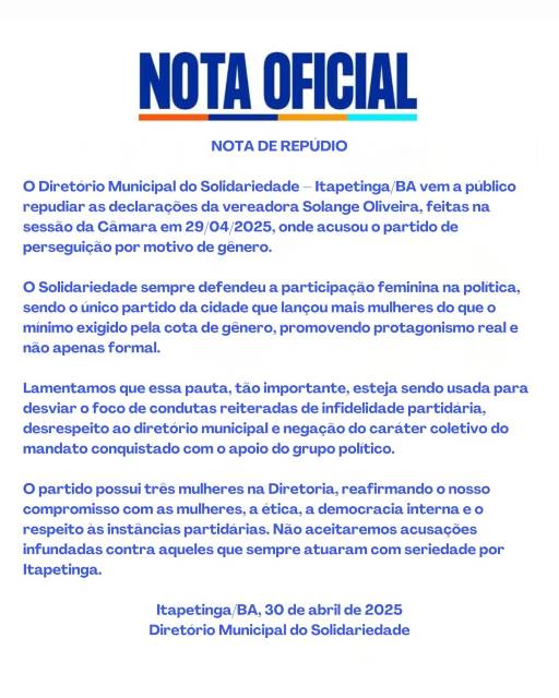 Solidariedade de Itapetinga se posiciona com Nota de Repúdio após declaração de vereadora