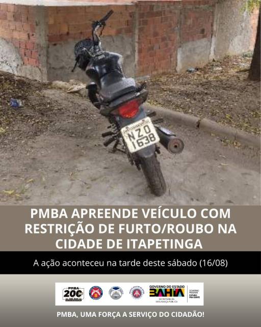 Motocicleta roubada é recuperada por policiais da 8ª CIPM em Itapetinga