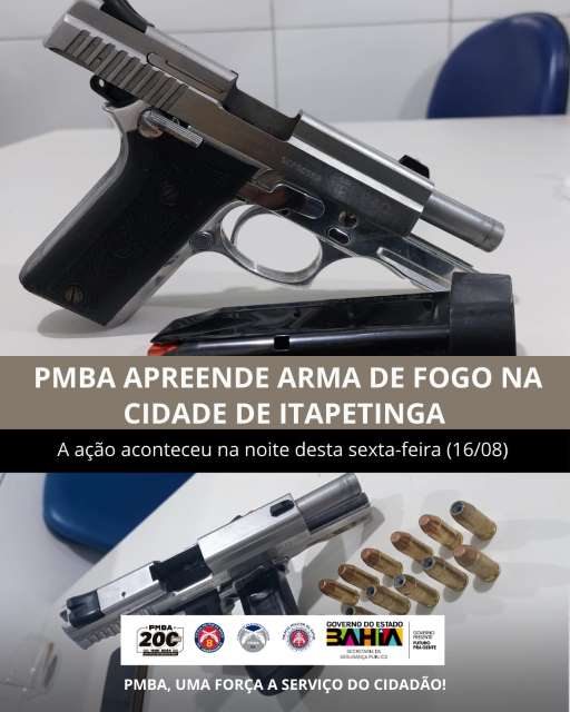 Guarnição da 8ª CIPM apreende pistola de uso restrito durante ação em Itapetinga