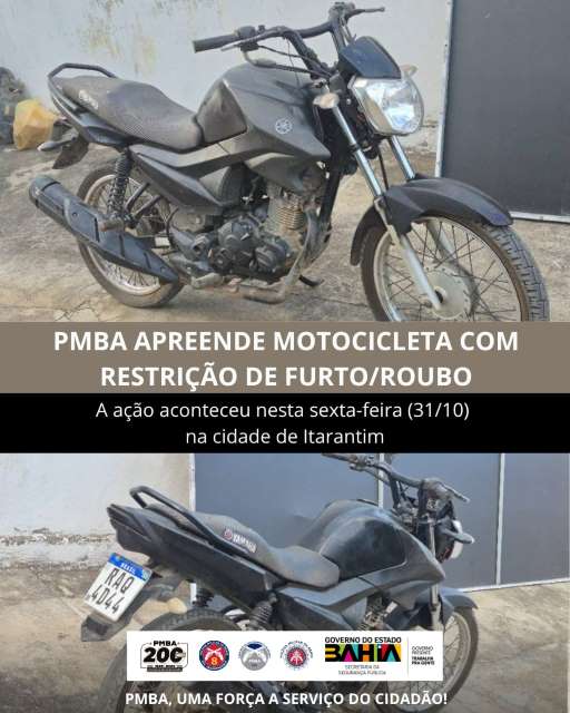 Motocicleta com restrição de furto é recuperada pela 8ª CIPM em Itarantim