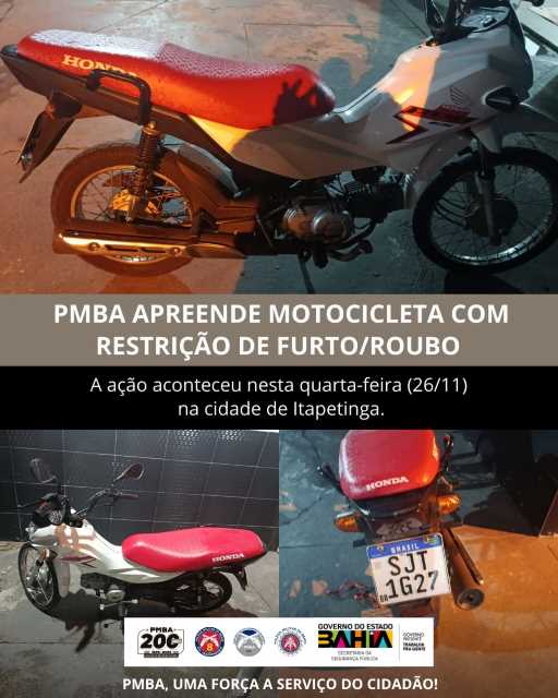 Ação rápida da 8ª CIPM resulta na apreensão de motocicleta com restrição de roubo em Itapetinga