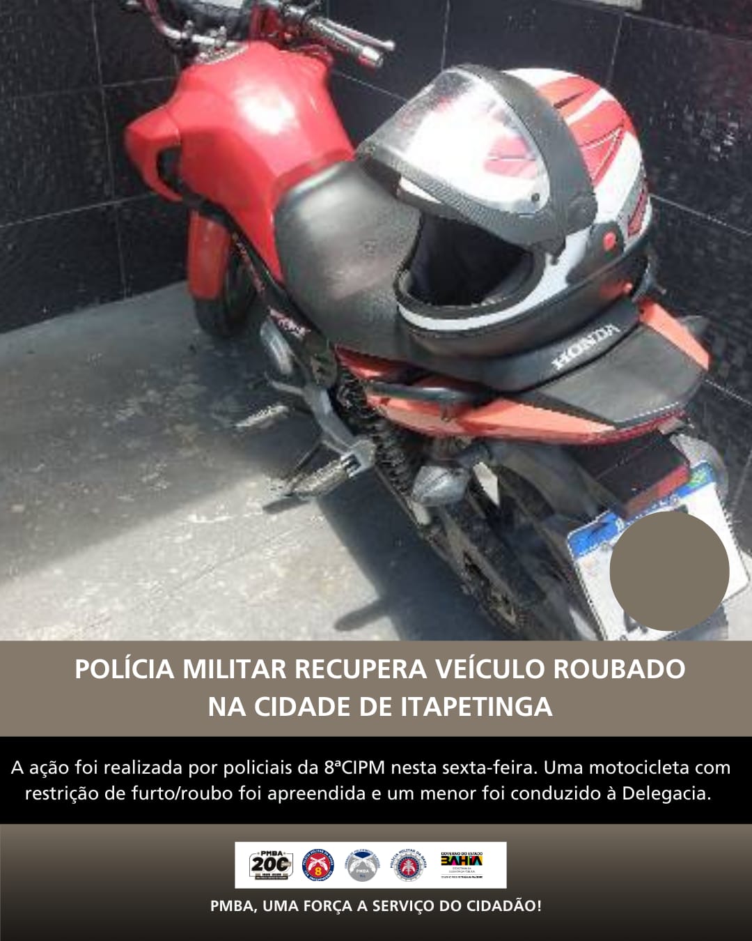 Guarnição da 8ª CIPM recupera motocicleta com restrição por roubo