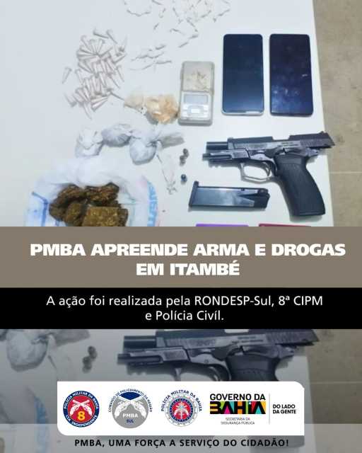 Operação conjunta entre Polícia Militar da Bahia e Polícia Civil da Bahia resulta na localização de foragido e apreensão de arma em Itambé