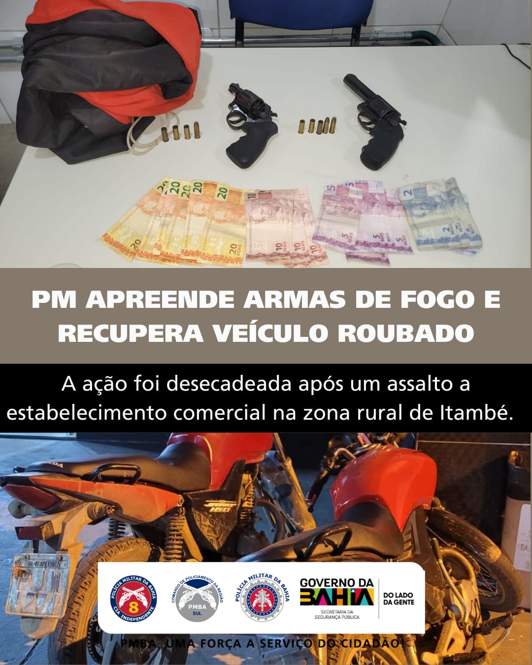 Itapetinga: Polícia Militar recupera produtos de roubo, apreende armas de fogo e moto com restrição de furto/roubo