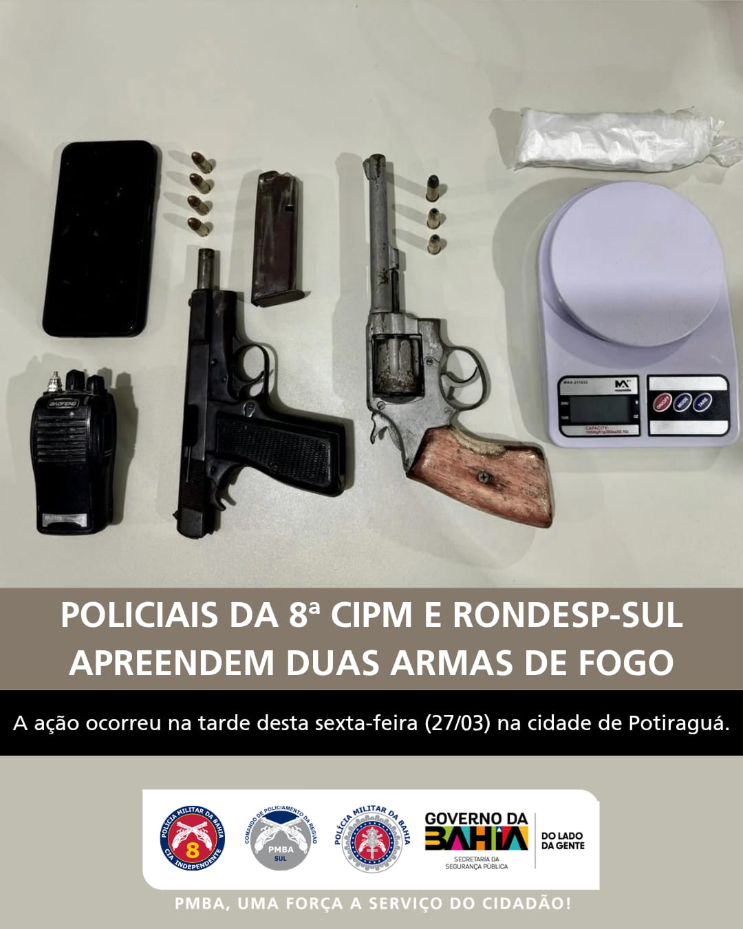 PMBA apreende pistola 9 mm e revólver calibre .38 na cidade de Potiraguá