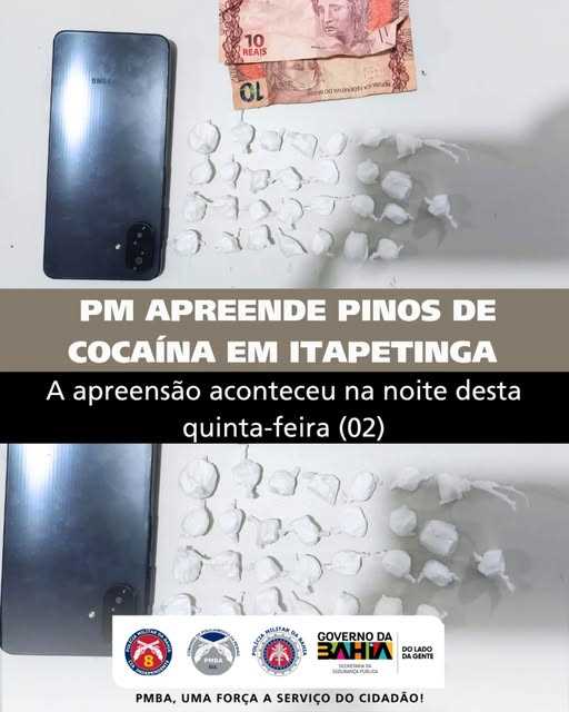 Durante abordagem, PETO da 8ª CIPM apreende pinos de cocaína em Itapetinga