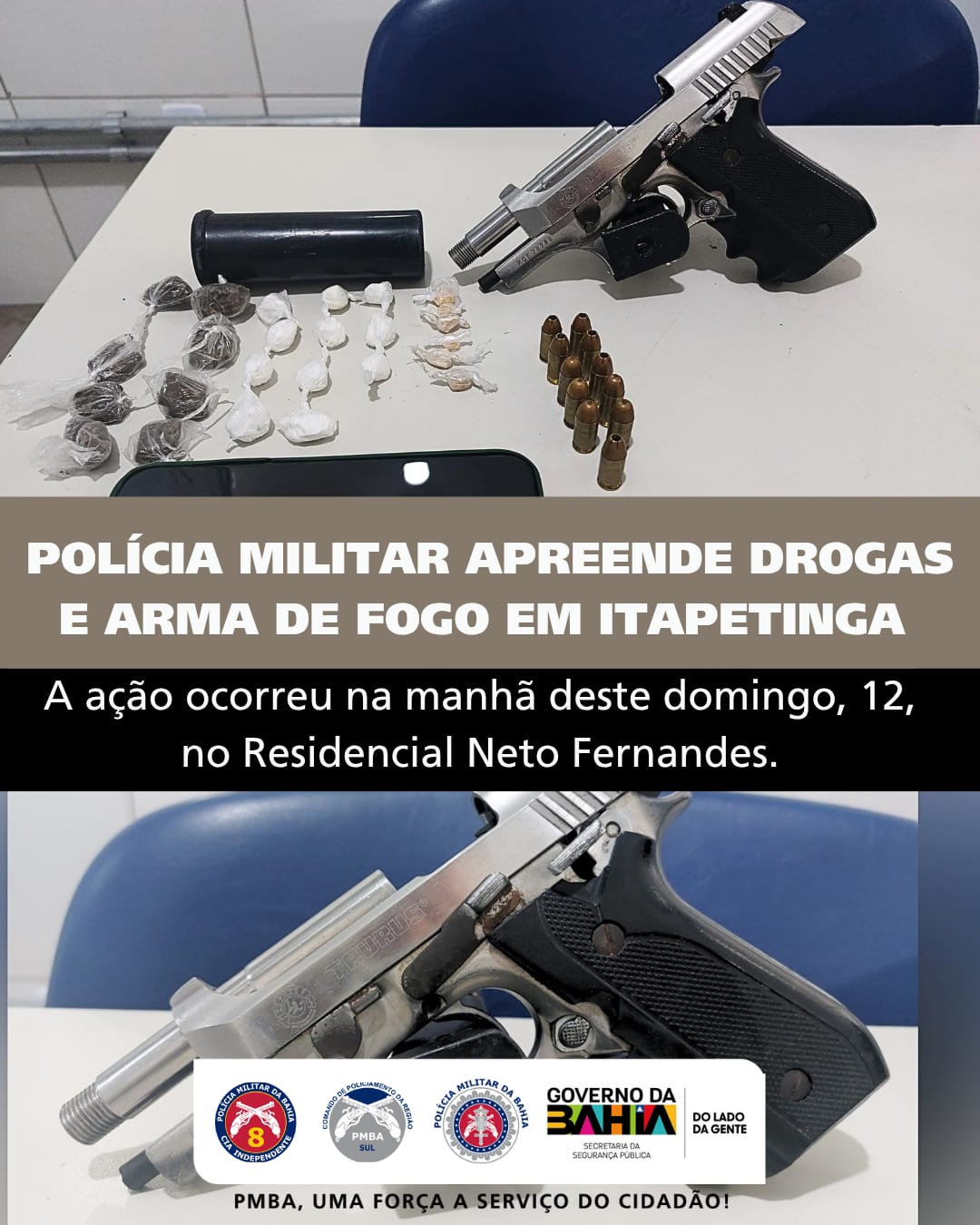 Itapetinga: Ação policial da 8ªCIPM termina com apreensão de Pistola .380, drogas e suspeito baleado