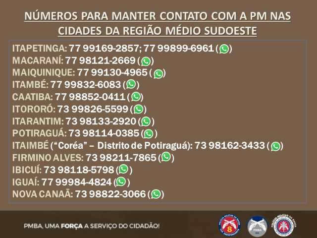 Canais alternativos de contato com a Polícia Militar no Médio Sudoeste (8ª CIPM) em caso de indisponibilidade do 190