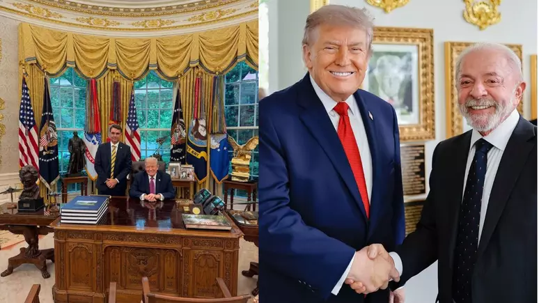Compare as fotos: veja diferenças entre registros de Flávio Bolsonaro e Lula com Trump