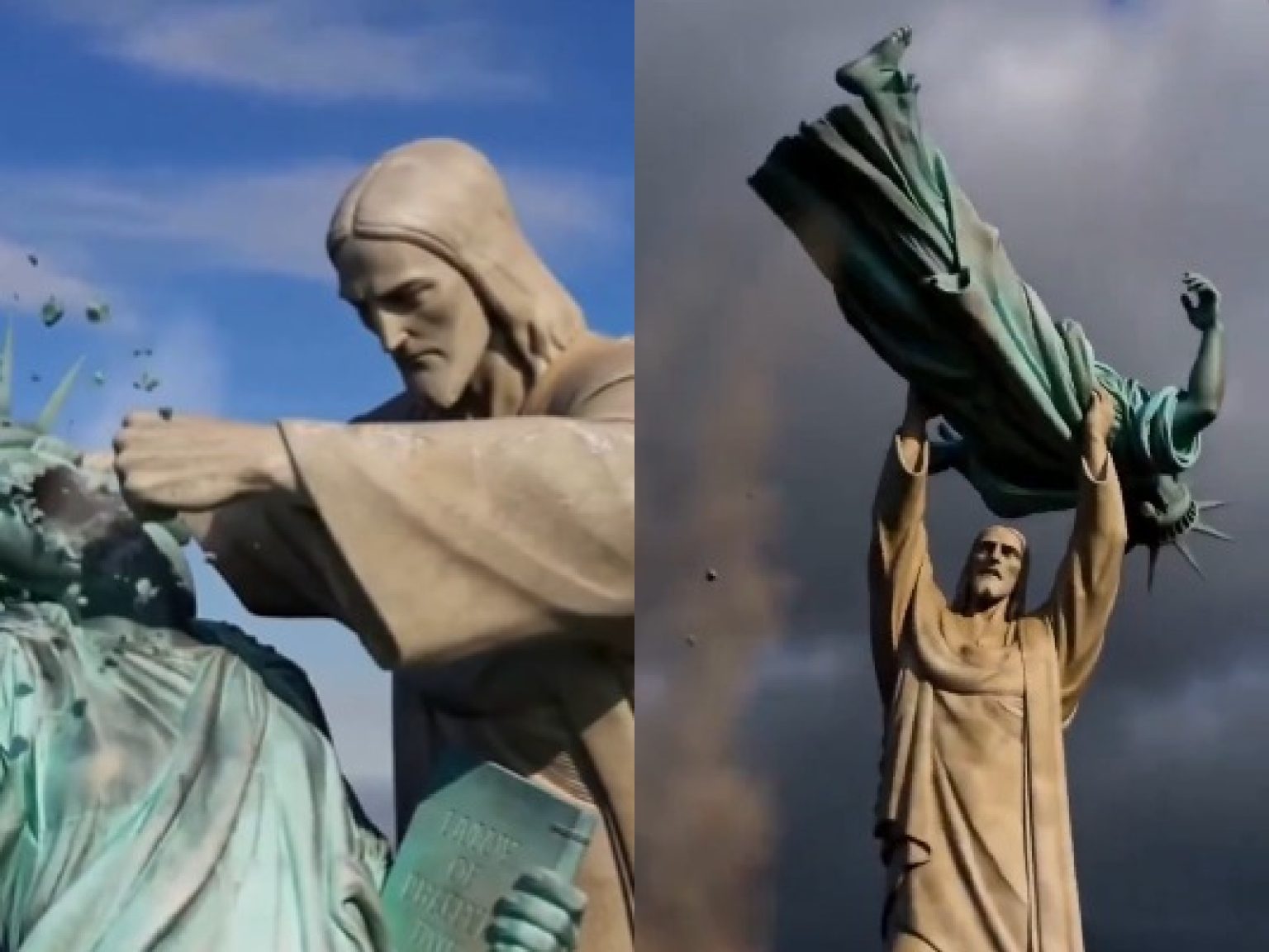 Vídeo divulgado pelo Irã mostra Cristo Redentor destruindo a Estátua da Liberdade em animação feita por IA