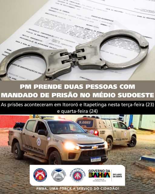 PM prende duas pessoas com mandado de prisão no médio sudoeste